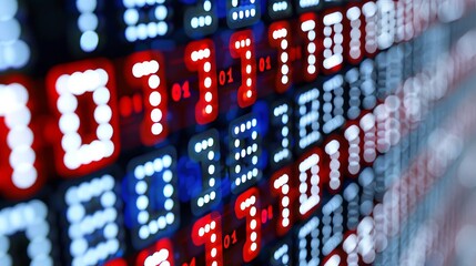 Pixelated data stream, binary code, encryption concept, red and blue dots on digital interface