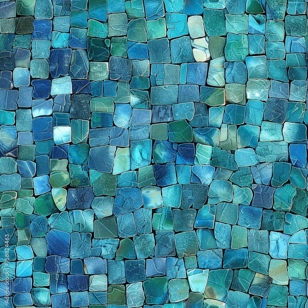 Poster a vibrant close-up of a sea of shimmering blue mosaic tiles, forming an intricate pattern that capti