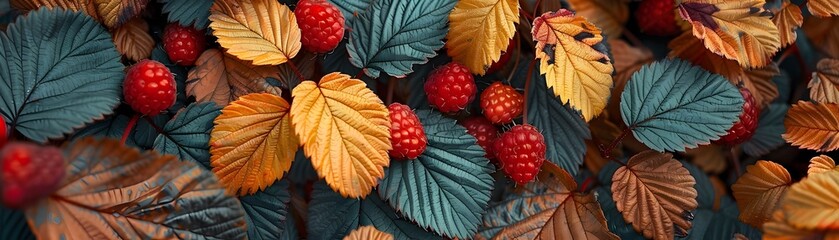 A close up of red berries on a leafy green bush. Concept of freshness and abundance, as the berries are ripe - obrazy, fototapety, plakaty