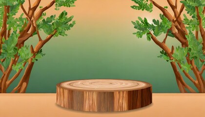 wood circular base 3d realistic tree empty display podium for product placement scene presentation background
