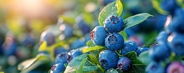 A bunch of blueberries are on a leaf. The leaves are wet - Powered by Adobe
