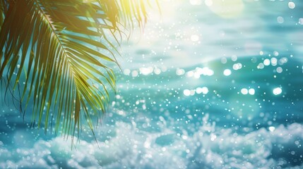 Fototapeta na wymiar Beautiful beach of ocean, sea background. Palm leaves on tropical beach with bokeh sun light and splashes of waves. Nature, summer vacation, travel concept