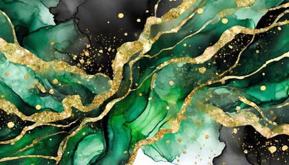 black and green watercolor background with gold glitter watercolor alcohol ink splash liquid flow texture paint malachite gemstone wallpaper generativ - obrazy, fototapety, plakaty