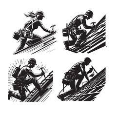 A set of black and white silhouette illustrations showcasing dynamic workers engaged in roofing and construction activities, embodying teamwork, craftsmanship, and industry dedication.