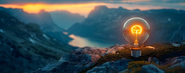A light bulb is lit up on a rock in the mountains. The light bulb is glowing brightly, creating a warm and inviting atmosphere. The scene is peaceful and serene