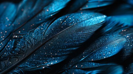 Beautiful blue glitter feathers on black background