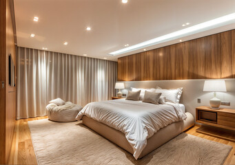 Enhanced by the soft glow of recessed lighting, the Scandinavian-style modern bedroom exuded a sense of understated luxury and refinement.