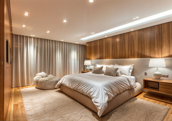 Fototapeta premium Enhanced by the soft glow of recessed lighting, the Scandinavian-style modern bedroom exuded a sense of understated luxury and refinement.