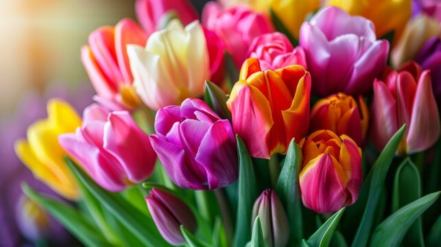 Beautiful Bouquet of vivid colorful tulips flowers