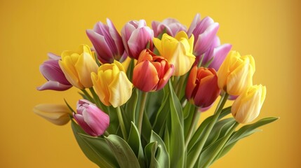 Fototapeta premium Bouquet of tulips flowers on yellow background