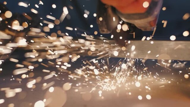 Man works circular saw. Sparks fly from hot metal. Man hard worked over the steel. Close-up slow motion shot in garage or workshop