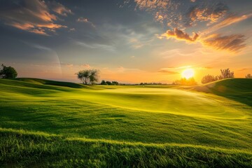 Obraz premium Beautiful golf course at sunset.