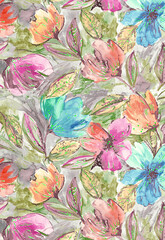 Antique surface floral seamless allover Pattern design, multicolor flowers with multicolor watercolor background texture.