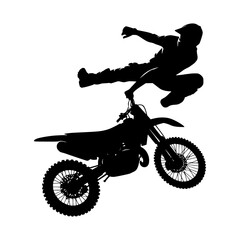 Black silhouette of a man doing a stunt on a dirt bike. Vector illustration of a man jumping on a motocross.