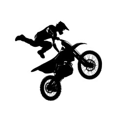 Obraz na płótnie Canvas Black silhouette of a man doing a stunt on a dirt bike. Vector illustration of a man jumping on a motocross.