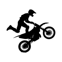 Black silhouette of a man doing a stunt on a dirt bike. Vector illustration of a man jumping on a motocross.