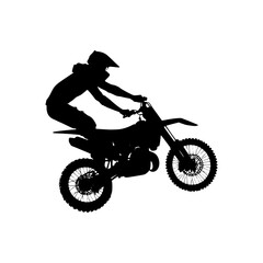 Fototapeta na wymiar Black silhouette of a man doing a stunt on a dirt bike. Vector illustration of a man jumping on a motocross.