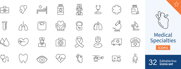 Fototapeta na wymiar Set of 32 Medical specialties web icons in line style. Brain, dentistry, diagnosis, doctor, medicals. Vector illustration.