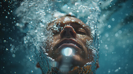 A close-up of a swimmer in mid-stroke, water droplets suspended in the air, against a serene blue...