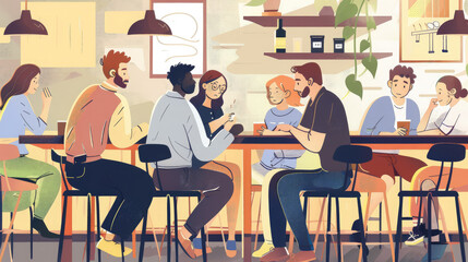 group of women and men playing a quiz in a bar at a table, intellectual competition, friends, evening, party, time together, girl, guy, meeting, restaurant, fun, game
