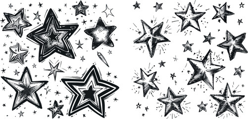 Doodle stars sketch, drawing ink starburst and shiny stars. Starry doodles illustration icons set