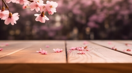 Empty wooden table in front of pink Japanese cherry blossom or Sakura flower background