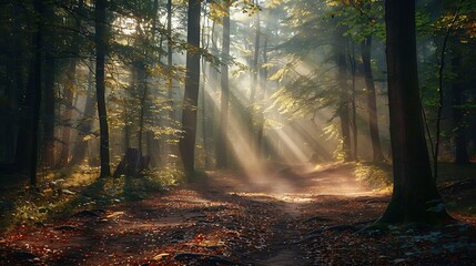 An atmospheric forest scene with dappled sunlight filtering through the trees, illuminating a path lined with fallen leaves