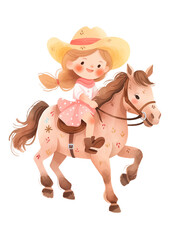 Cute adorable cowgirl riding a horse. Sweet childish style character. Nursery patel poster illustration design. Isolated element