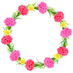 カーネーションとフリージアの円形フレーム　リース　母の日　素材　飾り枠　見出し　飾り罫　囲み　丸　タイトル　白背景　透過