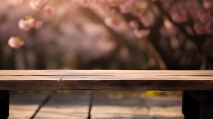 Empty wooden table in front of pink Japanese cherry blossom or Sakura flower background