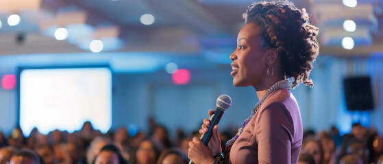 Confident woman giving a speech at a conference with attentive audience in background.