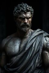 Mysterious ancient greek, roman male stoic statue, sculpture in dramatic lighting, shadows highlighting the impressive muscular build and classical beauty. 
