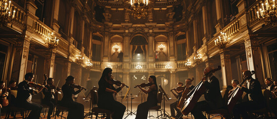Orchestra performing in a grand concert hall with warm lighting.