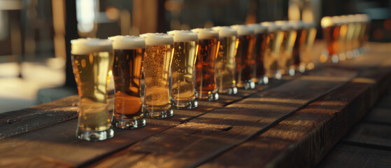 A line of various beer glasses casting shadows in the golden hour sunset. - obrazy, fototapety, plakaty