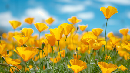 Obraz premium Beautiful landscape of blooming yellow poppies in a meadow with mountains in the background