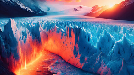 Glacier Sunset: Stark Contrast, Fiery Hues, Frozen Giants Vulnerable to Changing Climate