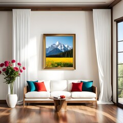 A square wooden frame with a spring picture, a lovely flower pot, and a comfy sofa in the modern living room