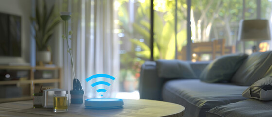 Smart home device emitting blue Wi-Fi signal on a wooden table in a sunny living room.
