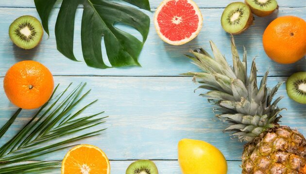 tropical fruit background template flat lay