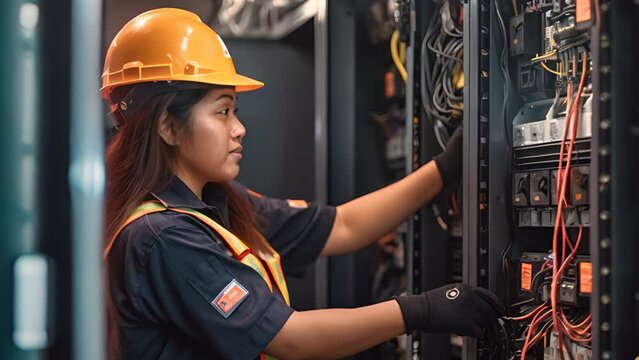 A female commercial electrician at work on a fuse box, demonstrating professionalism.
