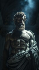 Obraz premium Mysterious ancient greek, roman male stoic statue, sculpture in dramatic lighting, shadows highlighting the impressive muscular build and classical beauty. 