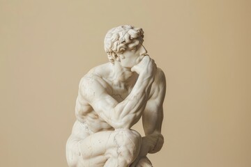 Elegant marble statue in thinking pose on a pastel beige background.