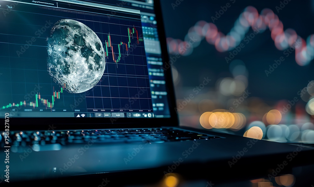 Poster bitcoin trading platform on laptop screen with graph extending to moon