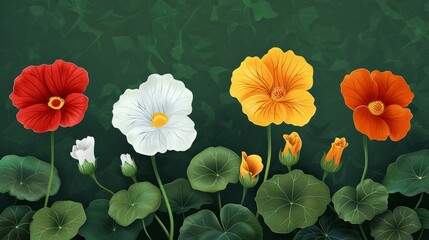 Four blooming flowers with buds resembling nasturtiums. Natural background