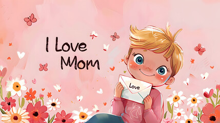 Sweet Child Showing 'I Love Mom' Card, Perfect for Mother's Day Celebration