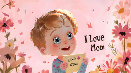 Sweet Child Showing 'I Love Mom' Card, Perfect for Mother's Day Celebration