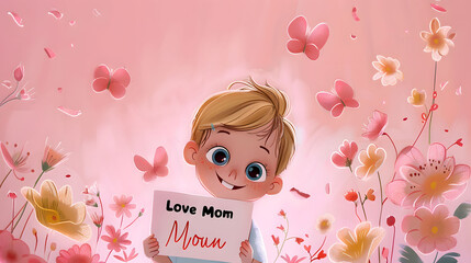 Sweet Child Showing 'I Love Mom' Card, Perfect for Mother's Day Celebration