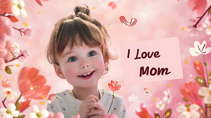 Adorable Child Celebrating Mothers Day, Love Expression on Pink Floral Background