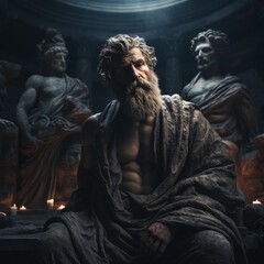Mysterious ancient greek, roman male stoic statue, sculpture in dramatic lighting, shadows highlighting the impressive muscular build and classical beauty. 