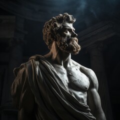 Mysterious ancient greek, roman male stoic statue, sculpture in dramatic lighting, shadows highlighting the impressive muscular build and classical beauty. 